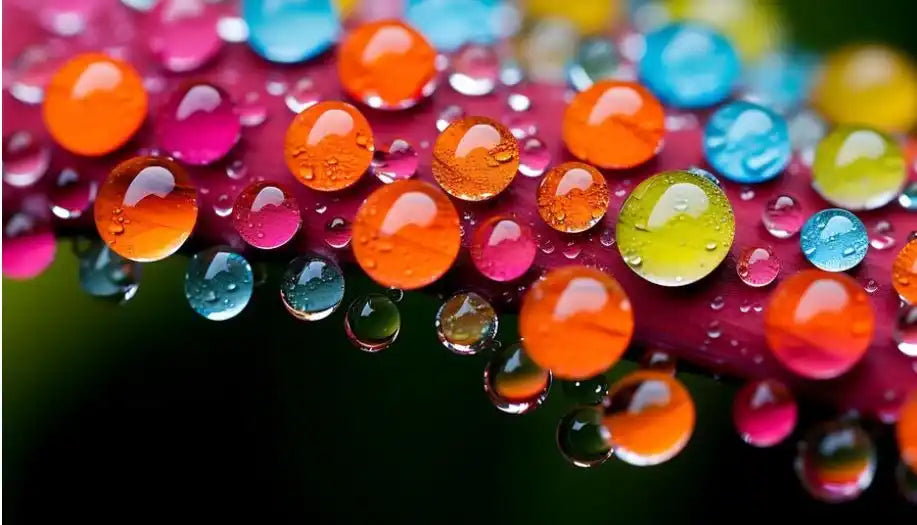 Colorful water droplets on a stem.