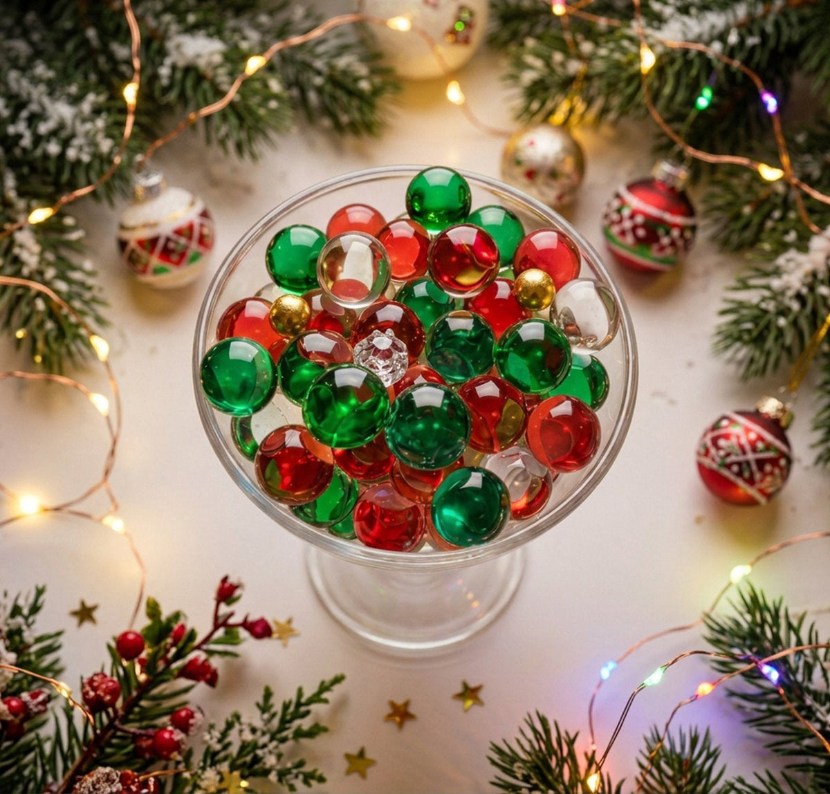 Christmas table centrepiece with red, green and clear water beads and a candle