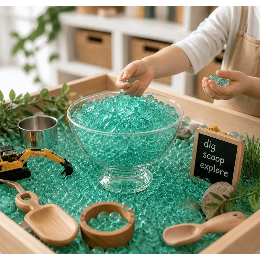 Turqoise waterbeads sensory bin
